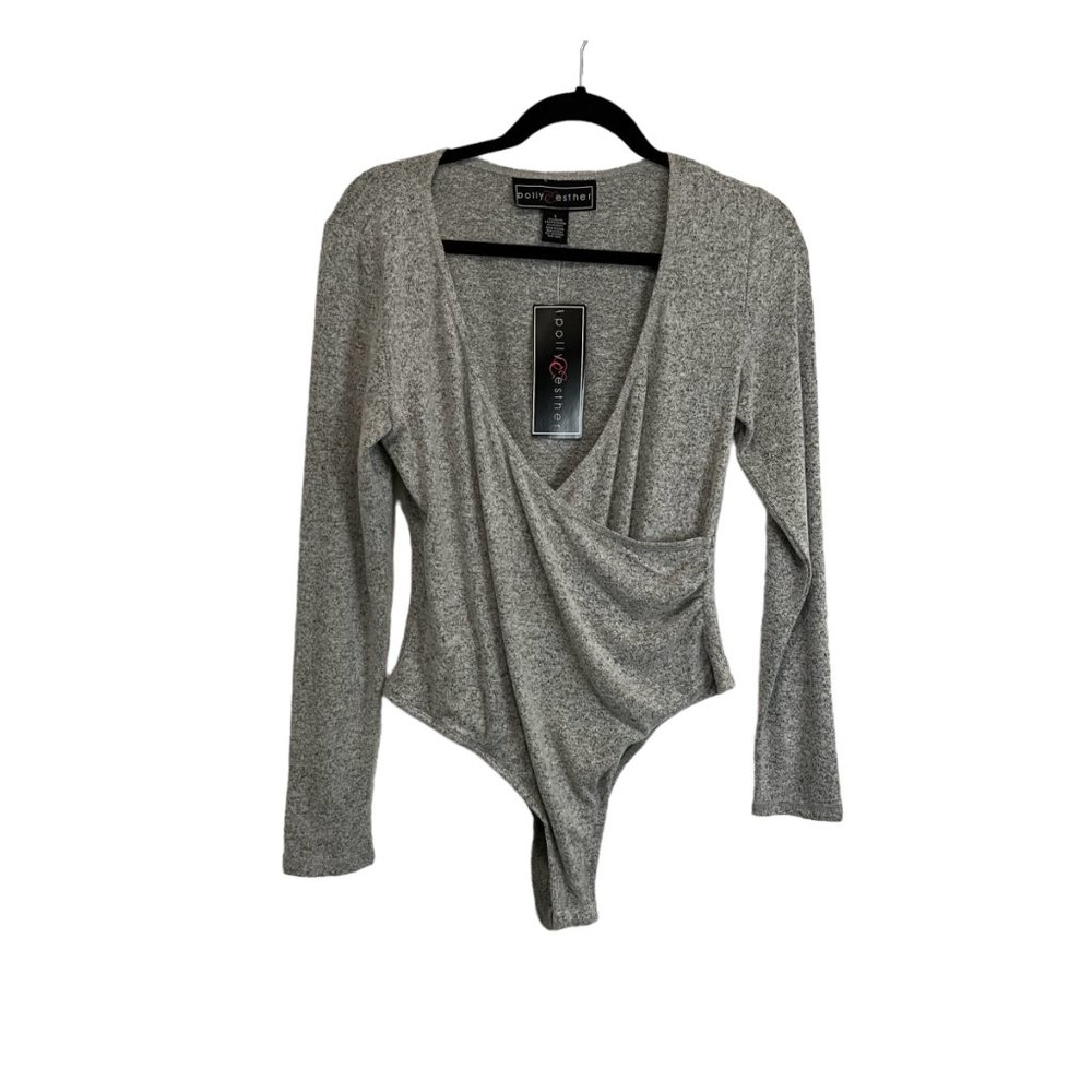 Polly & Esther Gray Heathered Long Sleeve Faux Wrap Long Sleeve Bodysuit Women L